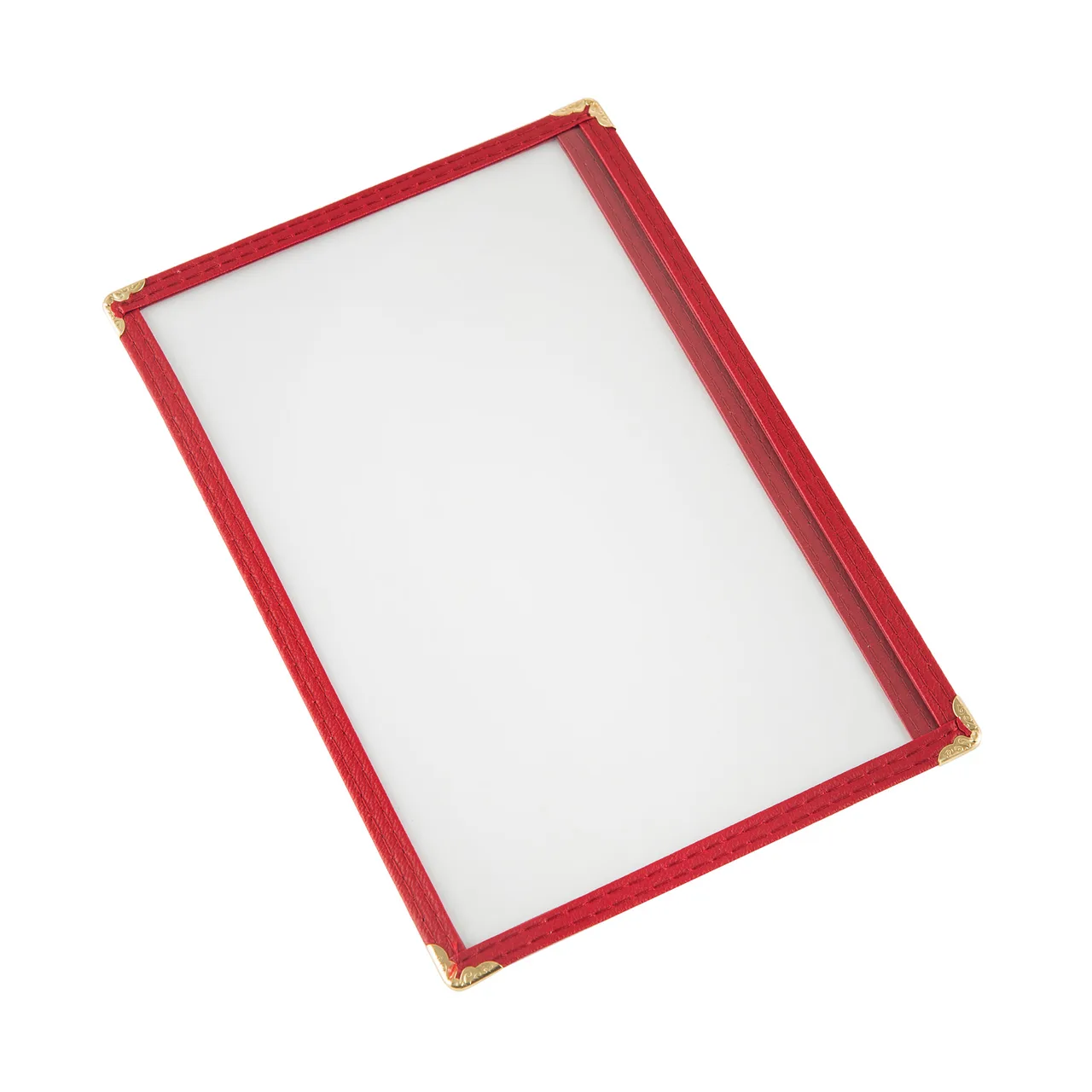CAC China MCP1-58RD Menu Cover, 1-Pocket Booklet, 8½" x 5½" Clear View, Brass Corners, Red Trim