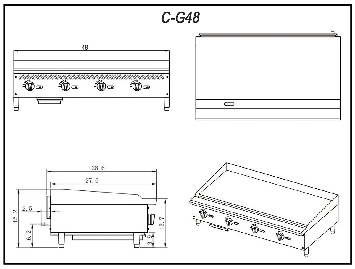 Migali C-G48 48" Countertop Manual Gas Griddle w/ 3/4" Smooth Steel Plate, 120.000 BTU