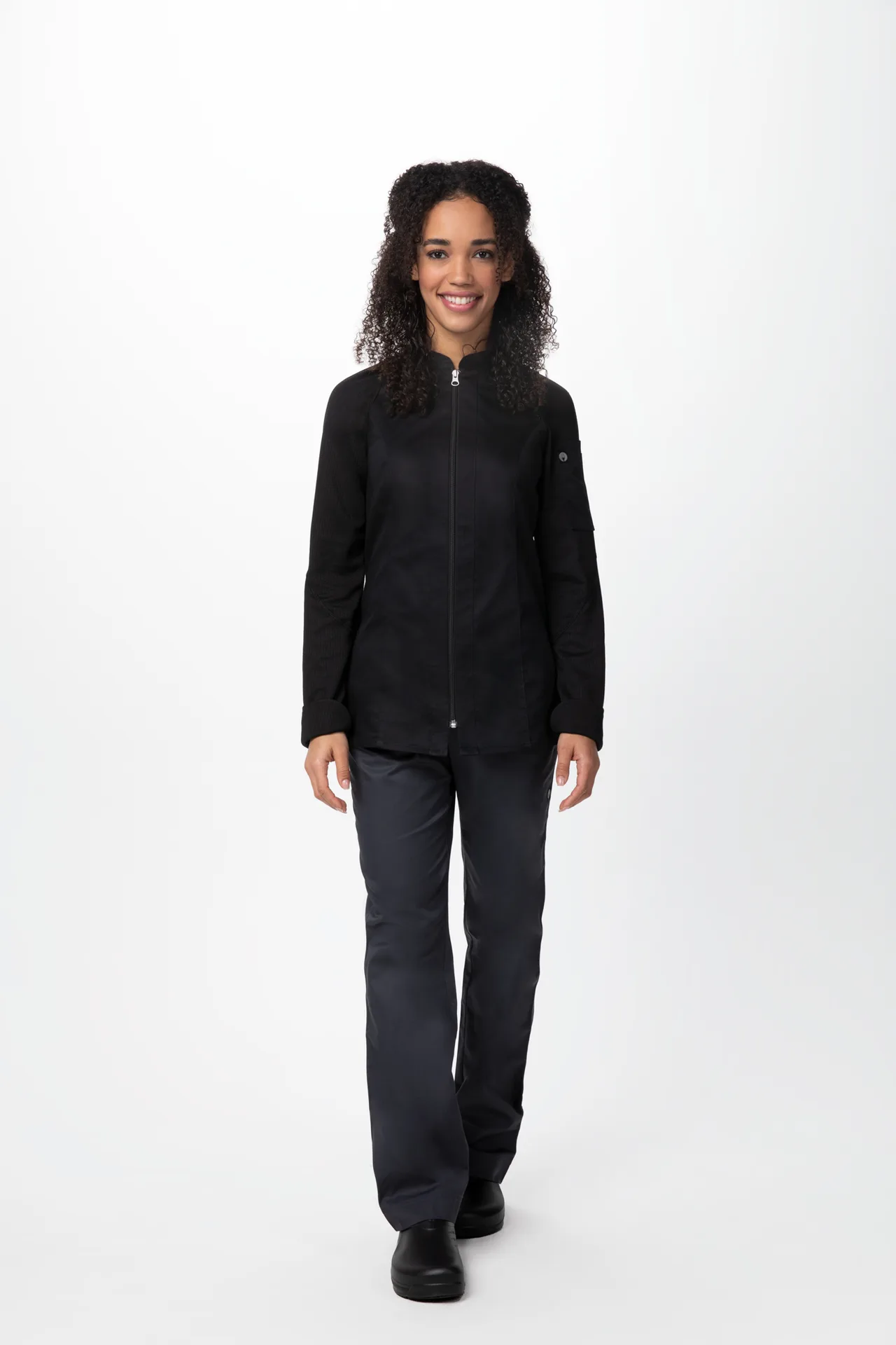 Chef Works CBZ02W-BLK-M Women's Nepal Chef Coat, Black M, Sleeve, Zipper, Mesh, 62/38 Poly/Cotton