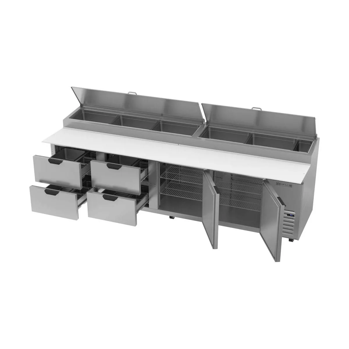 Beverage-Air DPD119HC-4 119" 4-Section Refrigerated Pizza Prep Table w/ 2 Doors & 4 Drawers