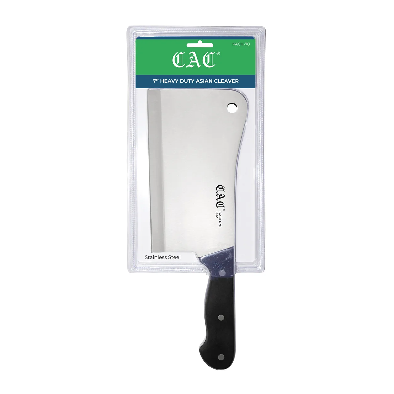 CAC China KACH-70 Asian Cleaver Knife, 7" High-Carbon Steel Blade, Black Handle