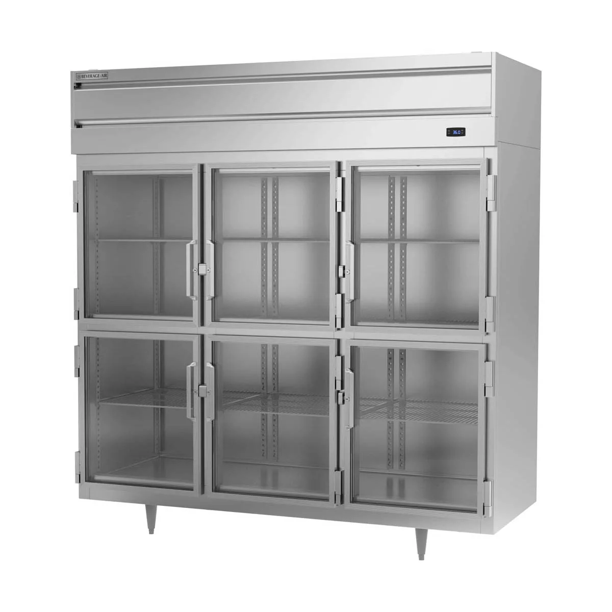 Beverage Air PR3HC-1BHG 77.75'' 3-Section Reach-In Refrigerator w/ 6 Glass Half Doors, Top Mounted, Aluminum Interior, 68 cu. ft.