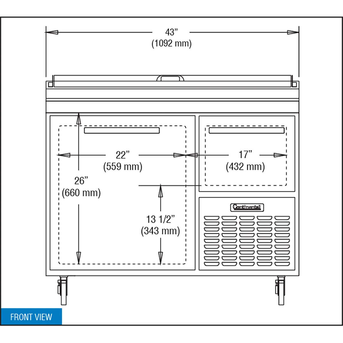 Continental Refrigerator PA43N 43" Pizza Prep Table w/ 1 Full & 1 Half Doors, 12 cu. ft.