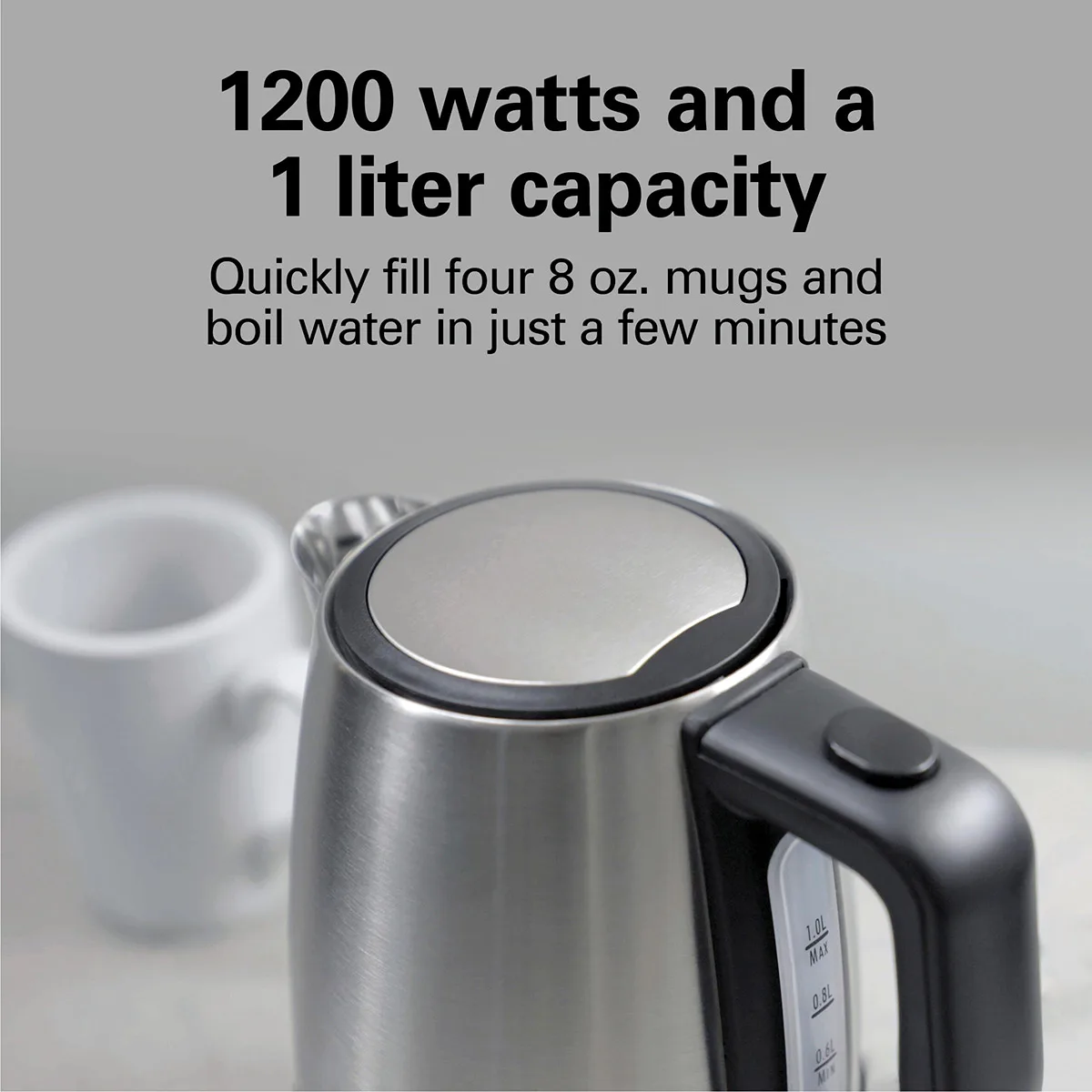 Hamilton Beach HKE110 1L Stainless Concealed Element Shutoff/Boil‑Dry, Spout w/ Mesh, 3′, 120V/1200W