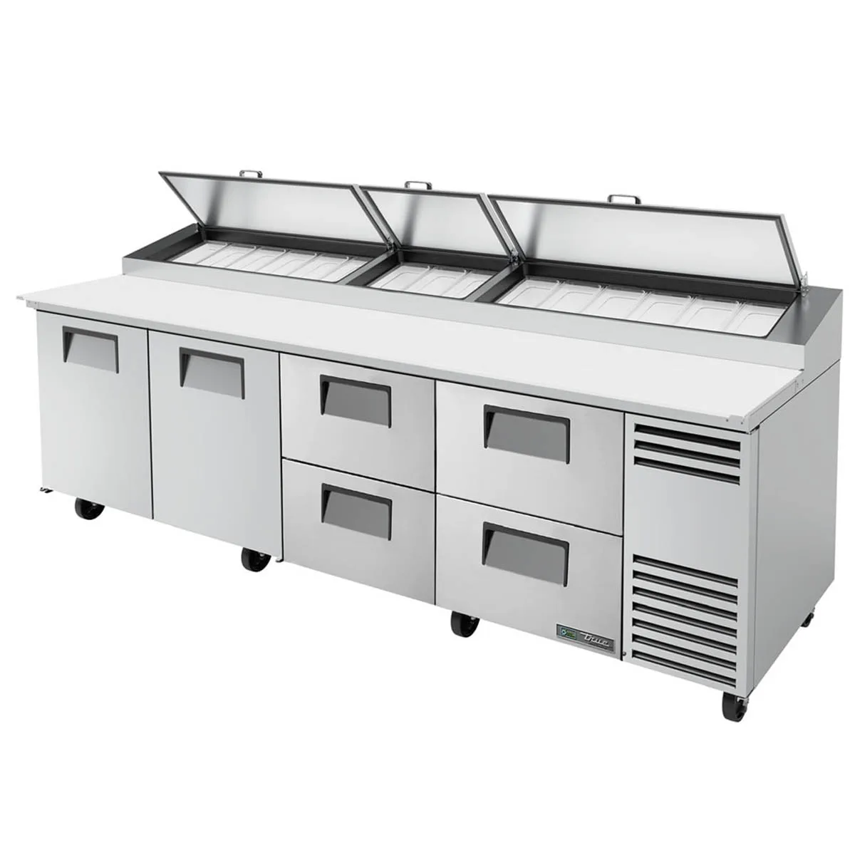 True TPP-AT-119D-4-HC 119" Refrigerated Pizza Prep Table w/ 2 Doors & 4 Drawers, (15) 1/3 Pans