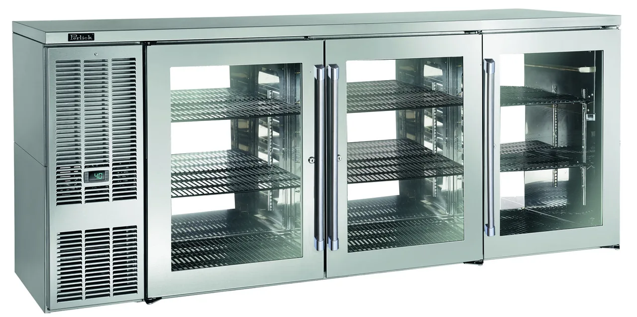 Perlick PTS84 84" Three Section Pass-Thru Back Bar Cabinet w/ 26.7 Cu Ft, 6 Hinged Doors, 60" W