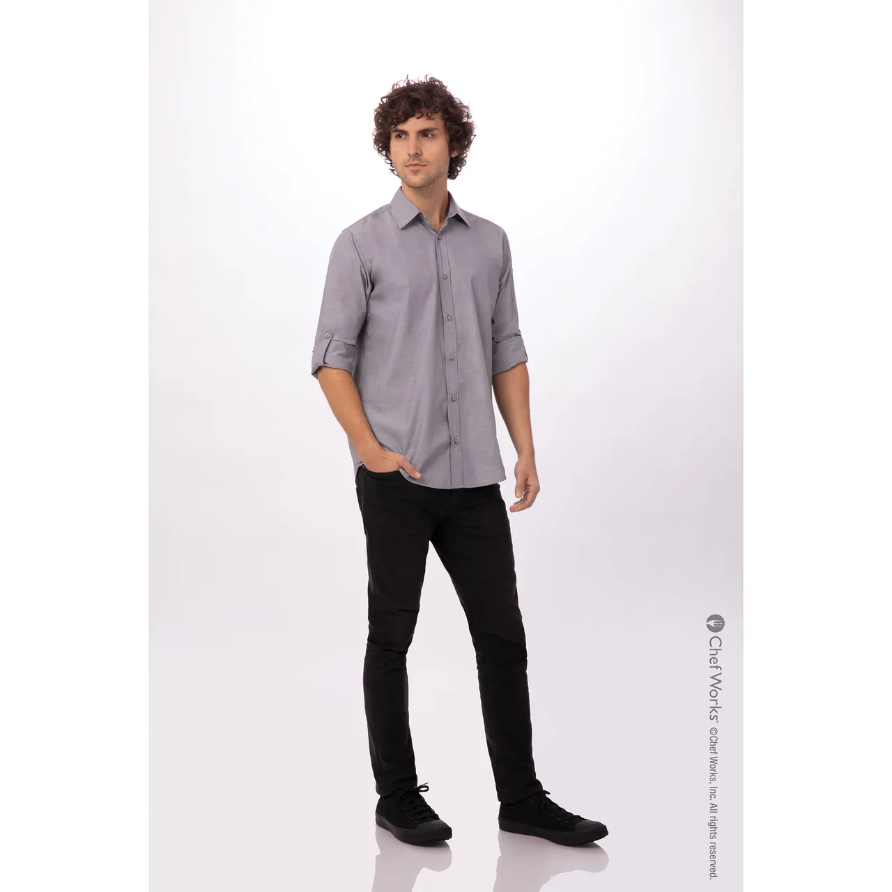 Chef Works SLMCH005-GRY-5XL Gray Chambray Cook Shirt, 5XL, Cotton/Poly, Roll‑Up Sleeves, Anti‑Wrinkle