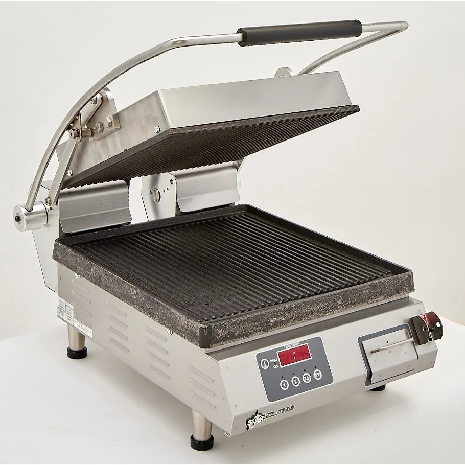 Star PGT14IE Single Cast Iron Panini Sandwich Grill w/ Timer, Grooved Plates, Electronic Controls