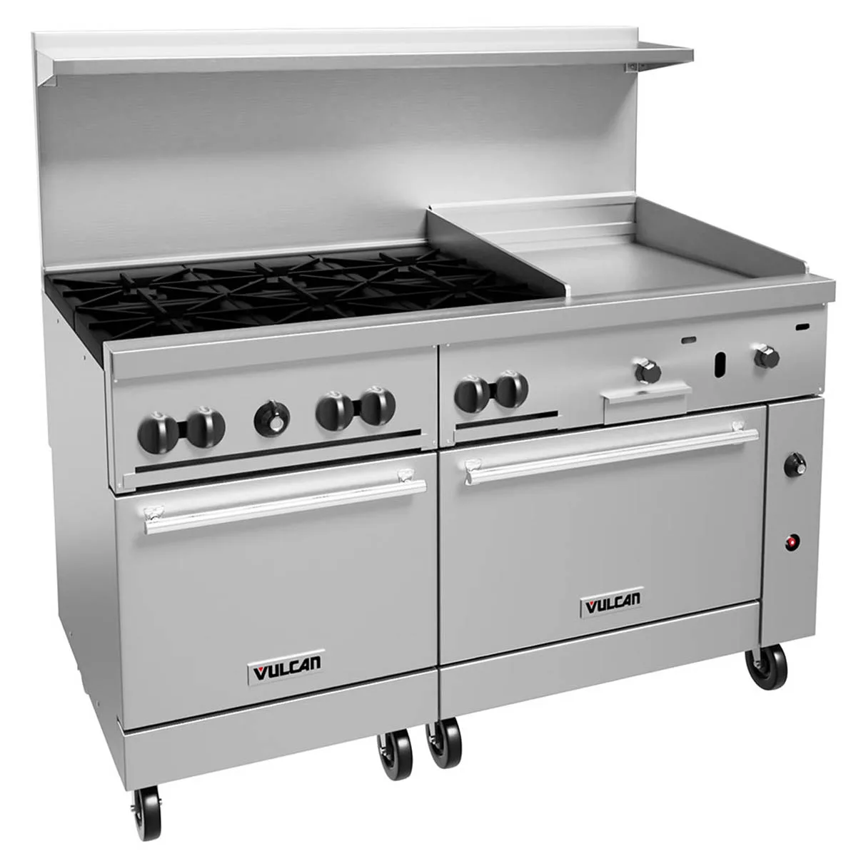 Vulcan 60SS-6B24GT 60" Gas Restaurant Range w/ (6) Open Burners, 24" Griddle Right w/ Thermostatic Controls, (2) Standard Ovens, 278.000 BTU