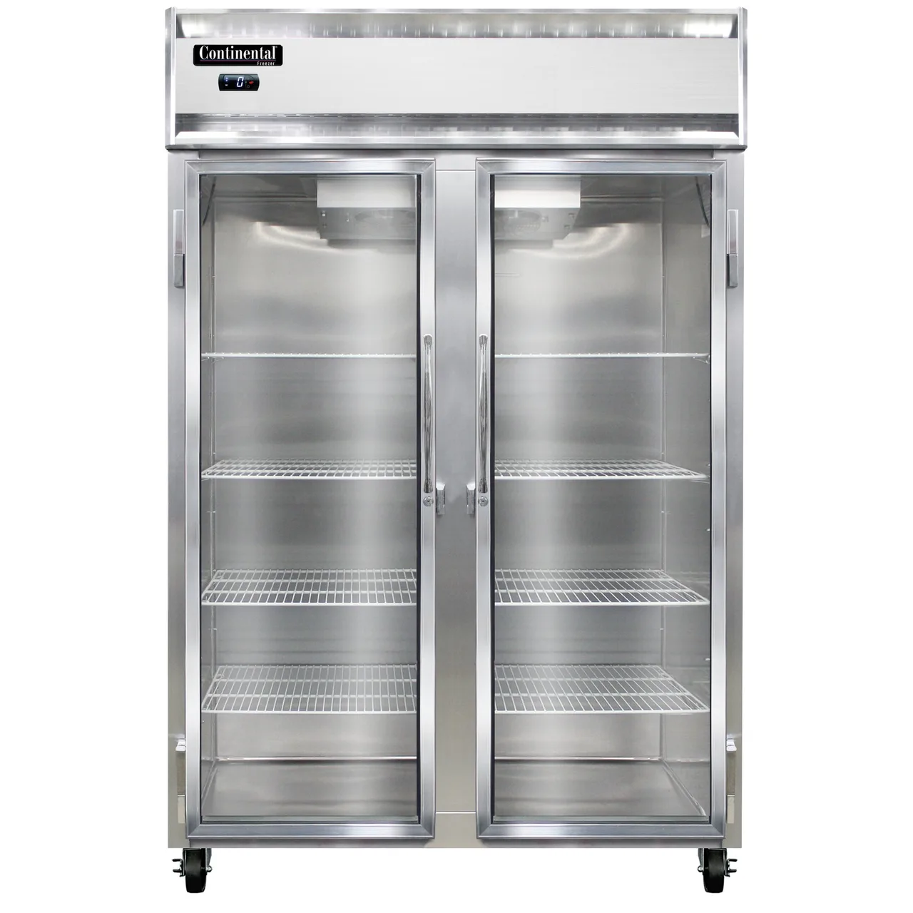 Continental Refrigerator 2FNGD 52" 2-Section Reach-In Freezer, 2 Glass Doors, Top Mounted, 48 cu. ft., Stainless Steel Front, Aluminum Sides