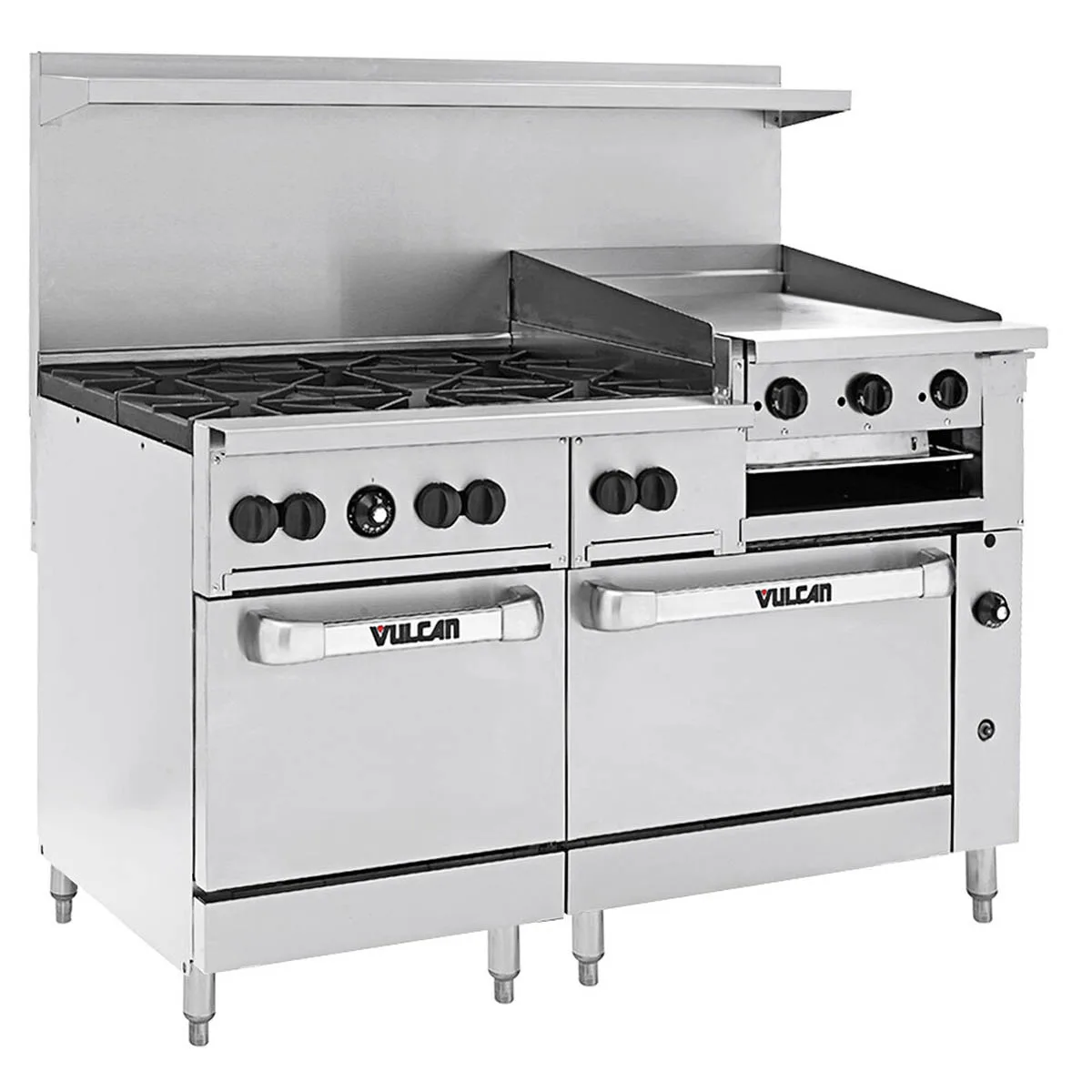 Vulcan 60SS-6B24GBN 60" Natural Gas Restaurant Range w/ (6) Open Burners, 24" Raised Griddle/Broiler Right, (2) Standard Ovens, 268.000 BTU