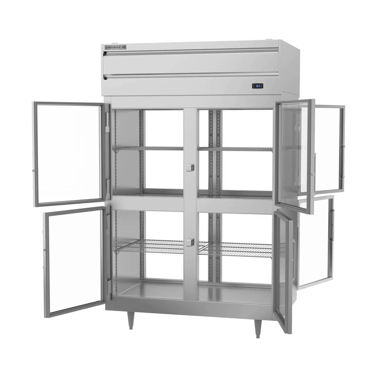 Beverage Air PRD2HC-1BHG 52" 2-Section Pass-Thru Refrigerator w/ 8 Glass Half-Doors, Top Mounted, 48.3 cu. ft.