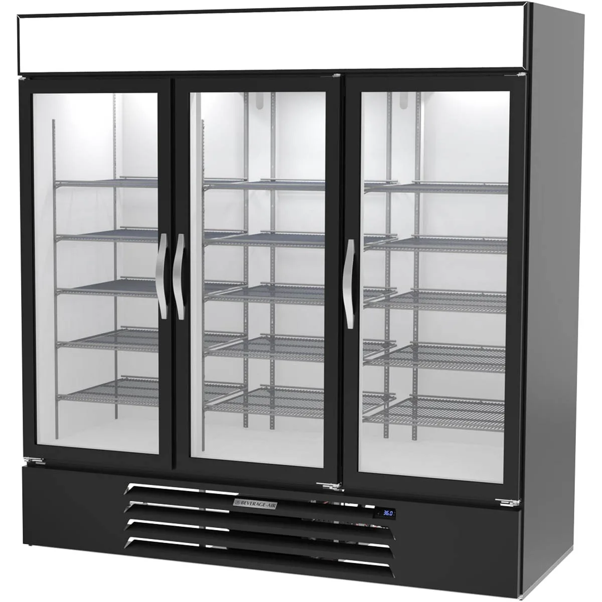Beverage Air MMR72HC-1-B 75" Three Swing Glass Door Merchandiser Refrigerator in Black, 68.5 cu. ft. - Open box