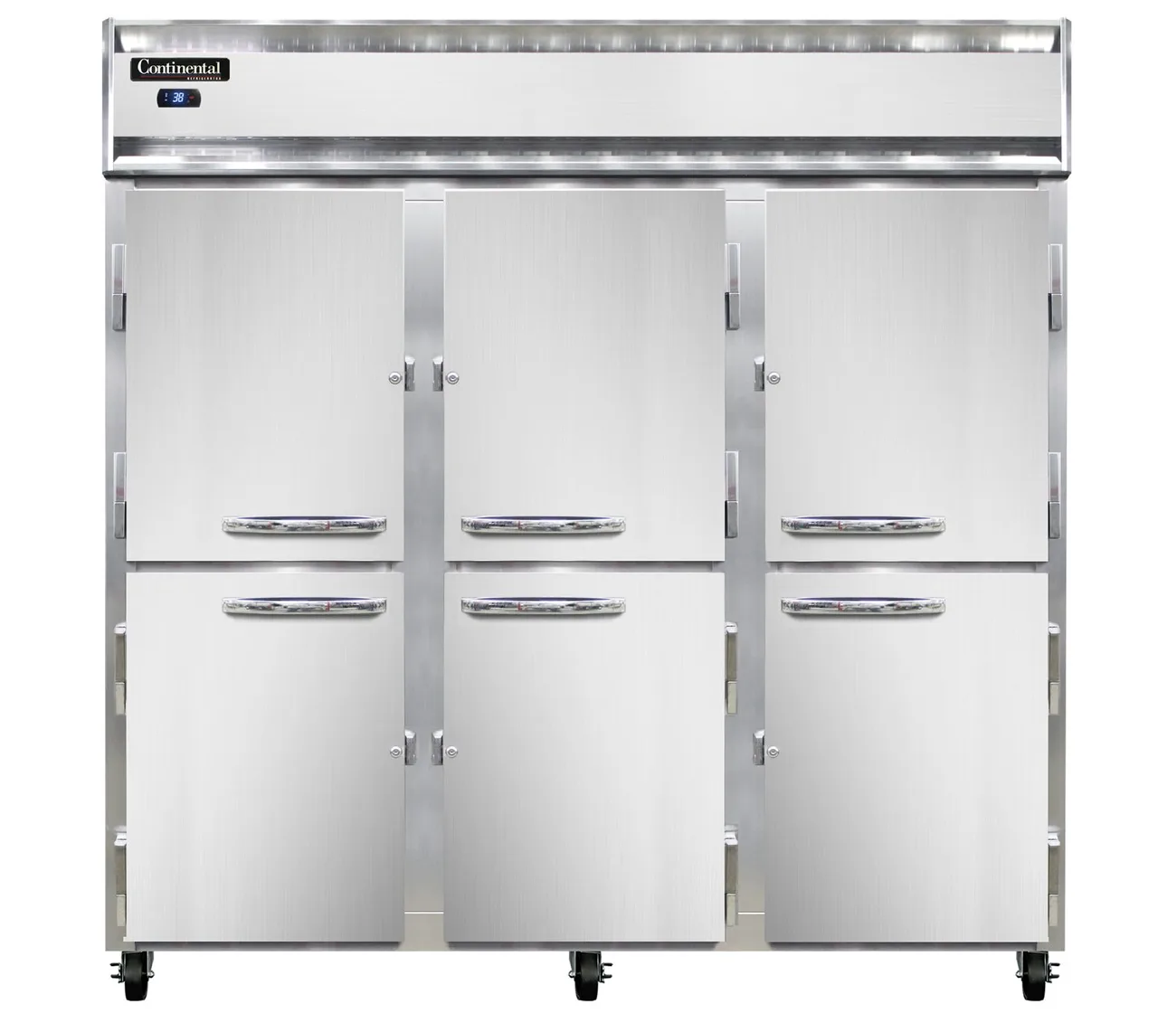 Continental Refrigerator 3RSNSSHD 78" 3-Section Reach-In Refrigerator w/ 6 Solid Half Doors, All Stainless Steel, 50 cu.ft.