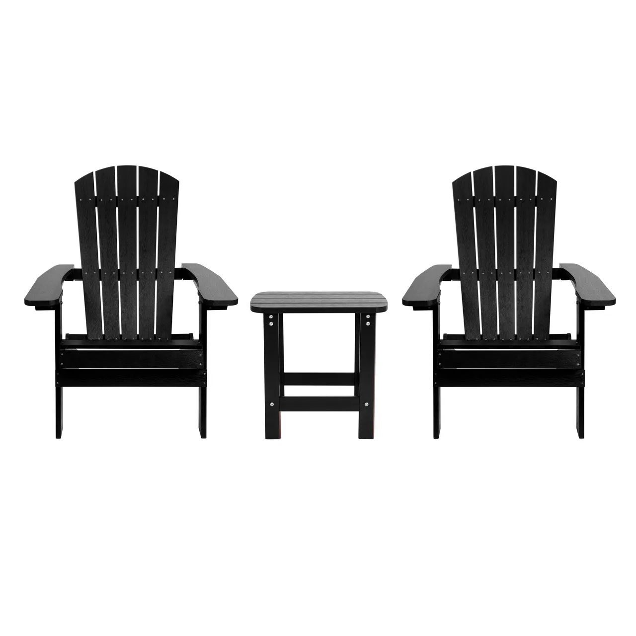 Flash Furniture JJ-C14505-2-T14001-BLK-GG Folding Adirondack Chair Set, 2 Chairs, 1 Square Side Table, Poly Resin, Black