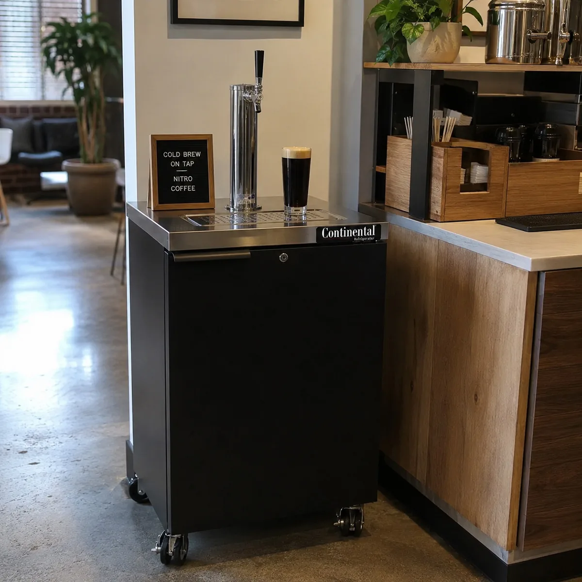 Continental KC24N 24" Keg Cooler, Black Enamel, 8 Cu Ft, 1‑Barrel, 1‑Col, RearComp, 5" Casters, NSF