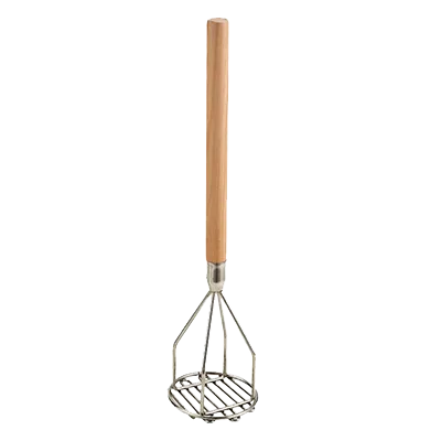 Omcan USA 80398 Potato Masher - Round 4" Nickel/Chrome Plated Head, 18" Wood Handle, 18" Length