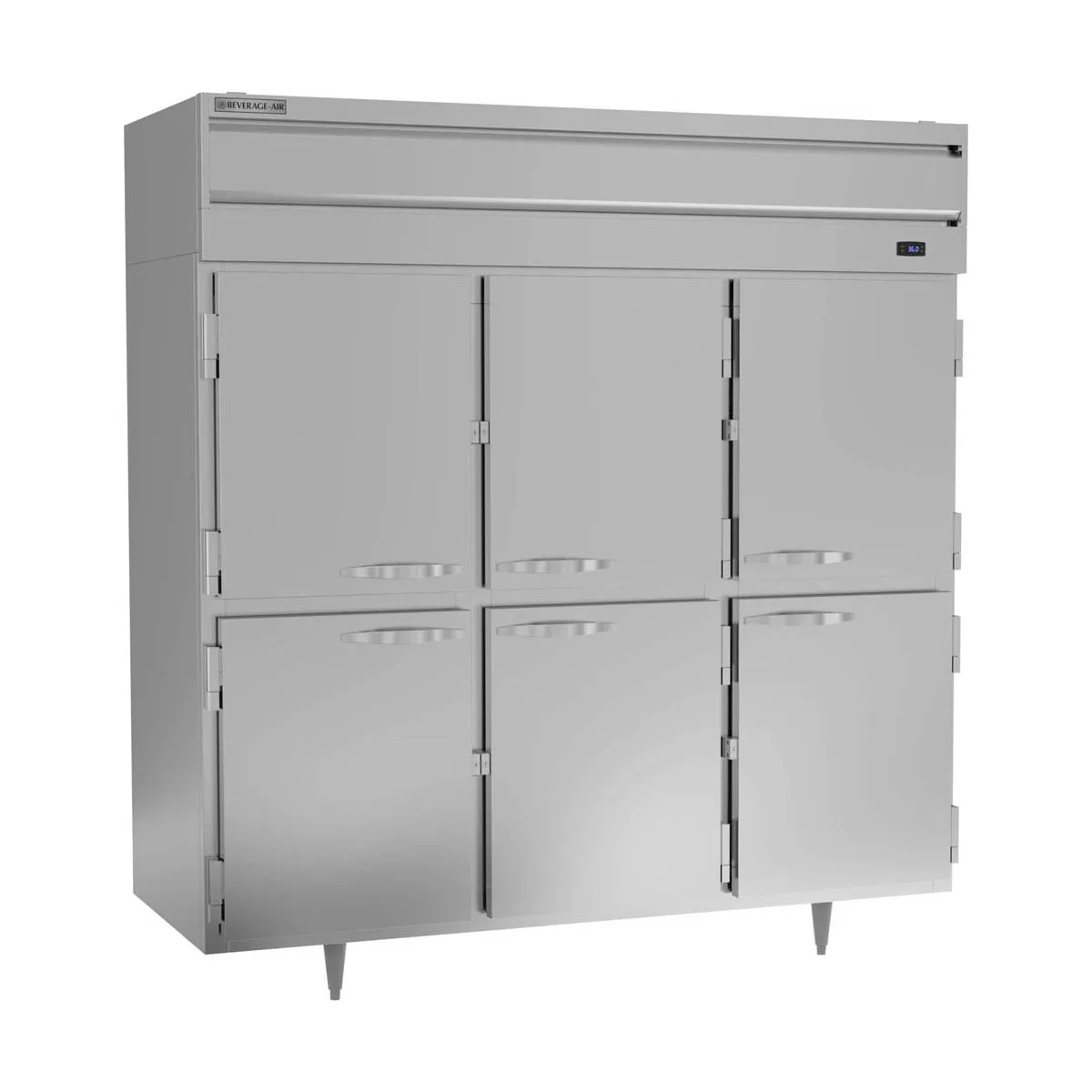 Beverage Air PR3HC-1AHS 77" 3-Section Reach-In Refrigerator w/ 6 Solid Half Doors, Top Mounted, Aluminum Interior, 68 cu. ft.