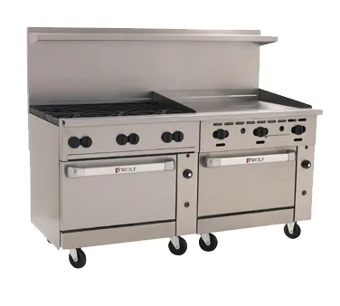 Wolf C72SS-6B36G 72" Gas Restaurant Range w/ (6) Open Burners, 36" Griddle Right, (2) Standard Ovens, 310.000 BTU