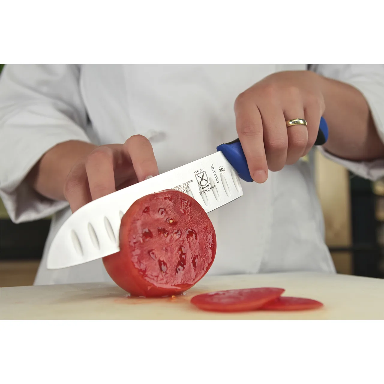 Mercer M22707BL - 7" Blue Santoku Knife Stamped High‑Carbon Granton Blade Santoprene/Poly Handle NSF