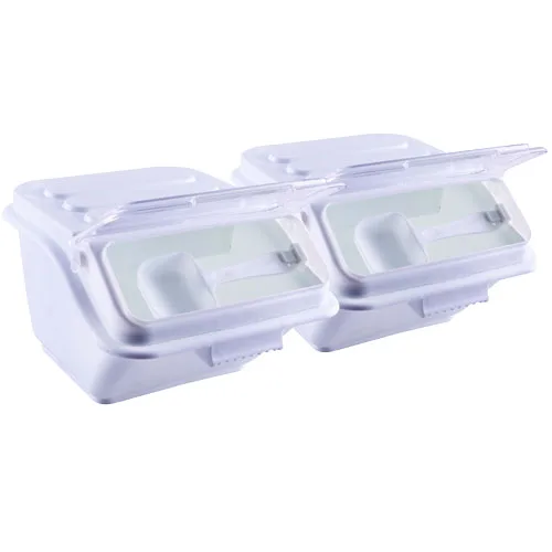 Omcan USA 80987 Ingredient Bin, 10 L White Plastic Tub with Hinged Cover, Scoops Included – 2/Set