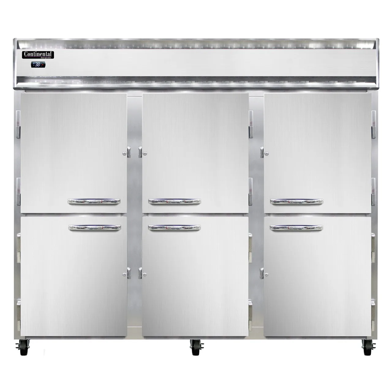 Continental Refrigerator 3RENSAPTHD 86" 3-Section Pass-Thru Refrigerator w/ 12 Half Solid Doors, Stainless Steel Exterior, 75 cu. ft.