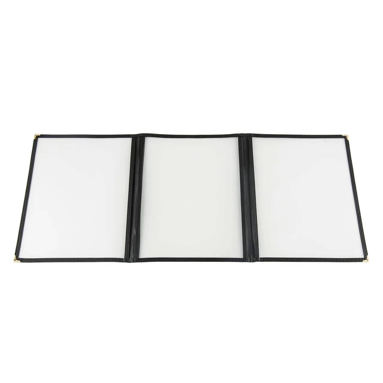 CAC China MCP3-911BK Menu Cover - 3‑Pocket Vinyl, 8½" x 14", Double‑Sided View, Trim, Brass Corners