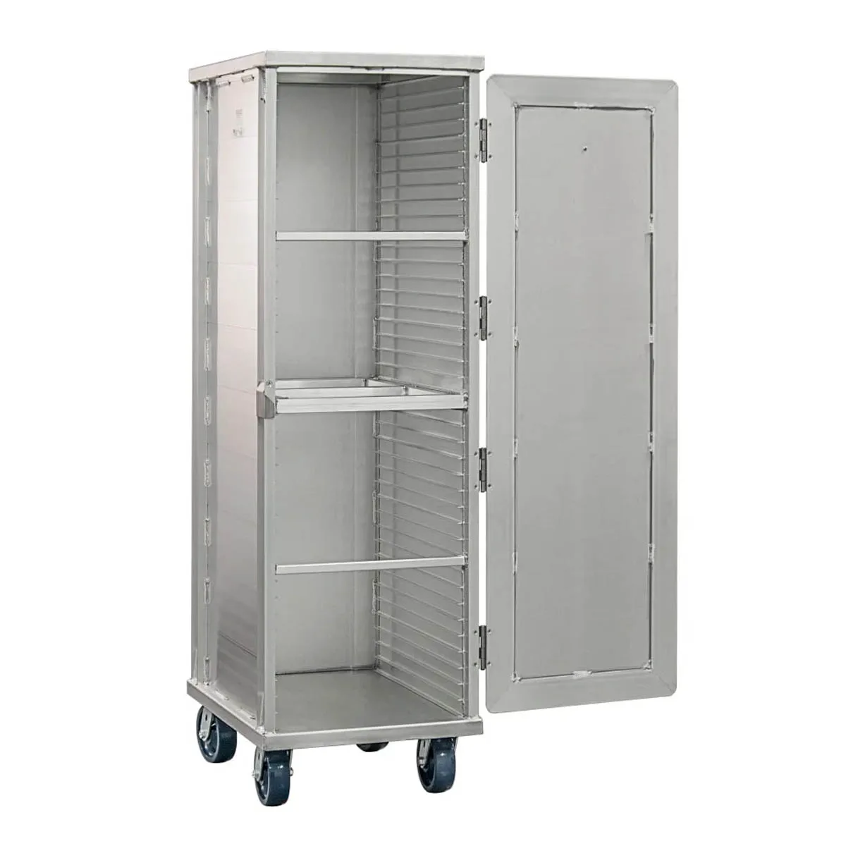 New Age 1290WDW 38 Pan Aluminum Mobile End Load Enclosed Sheet Pan Rack w/ 1 1/2" Bottom Load Slides