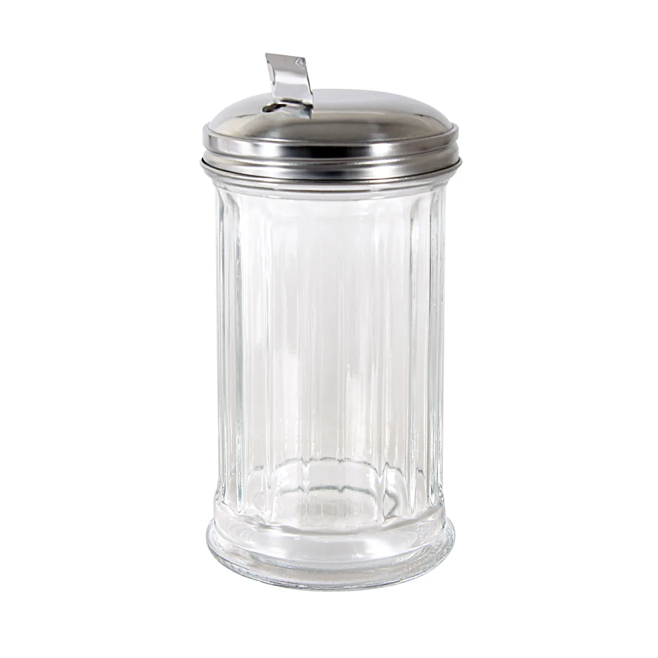CAC China G2SP-12F Sugar Pourer Shaker, 12 oz Glass with Stainless Steel Flat Top - 1 Dozen