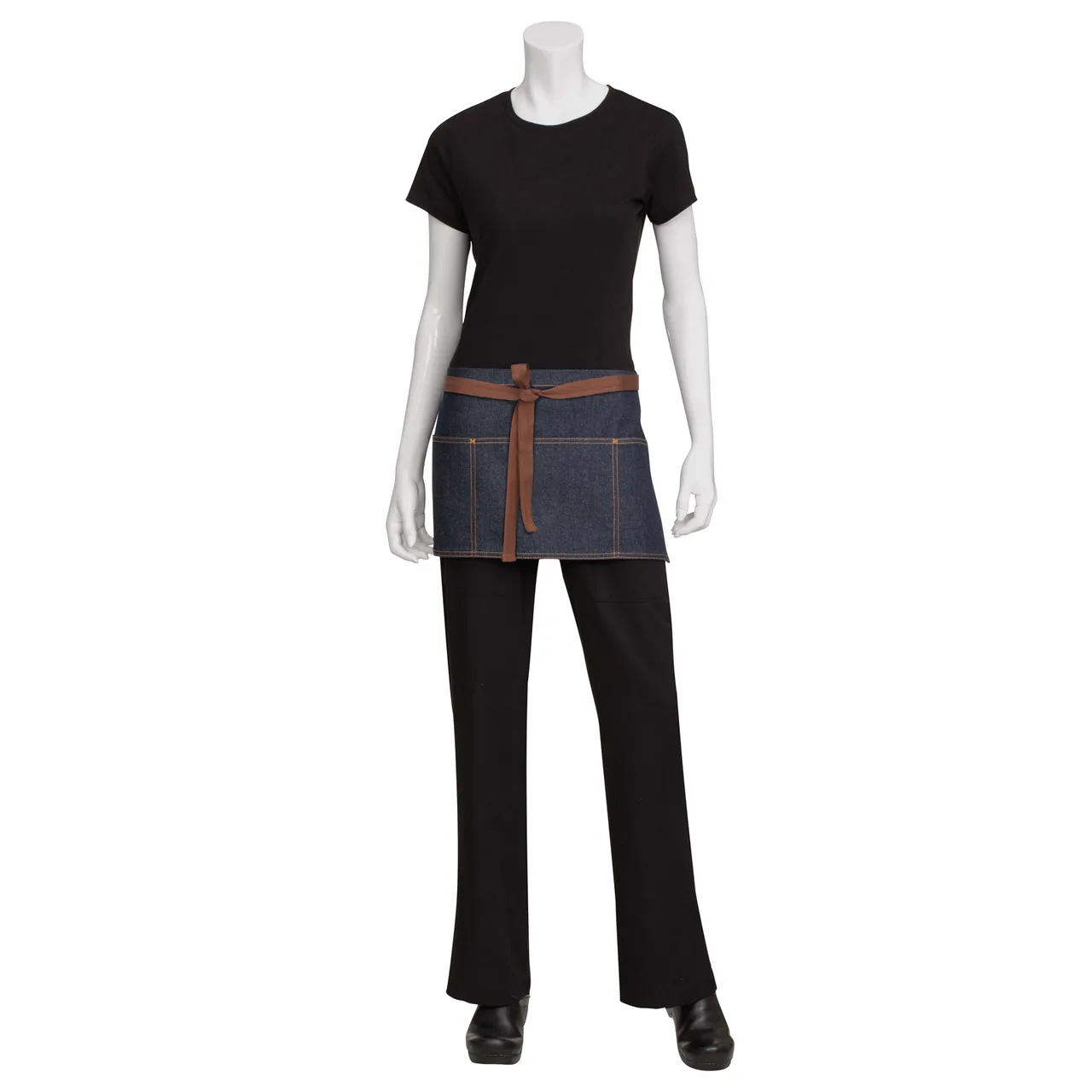 Chef Works AW054-IBL-0 Indigo Blue 12"L x 23"W Waist Apron, 100% Cotton Denim, 3 Pockets - 1/Case