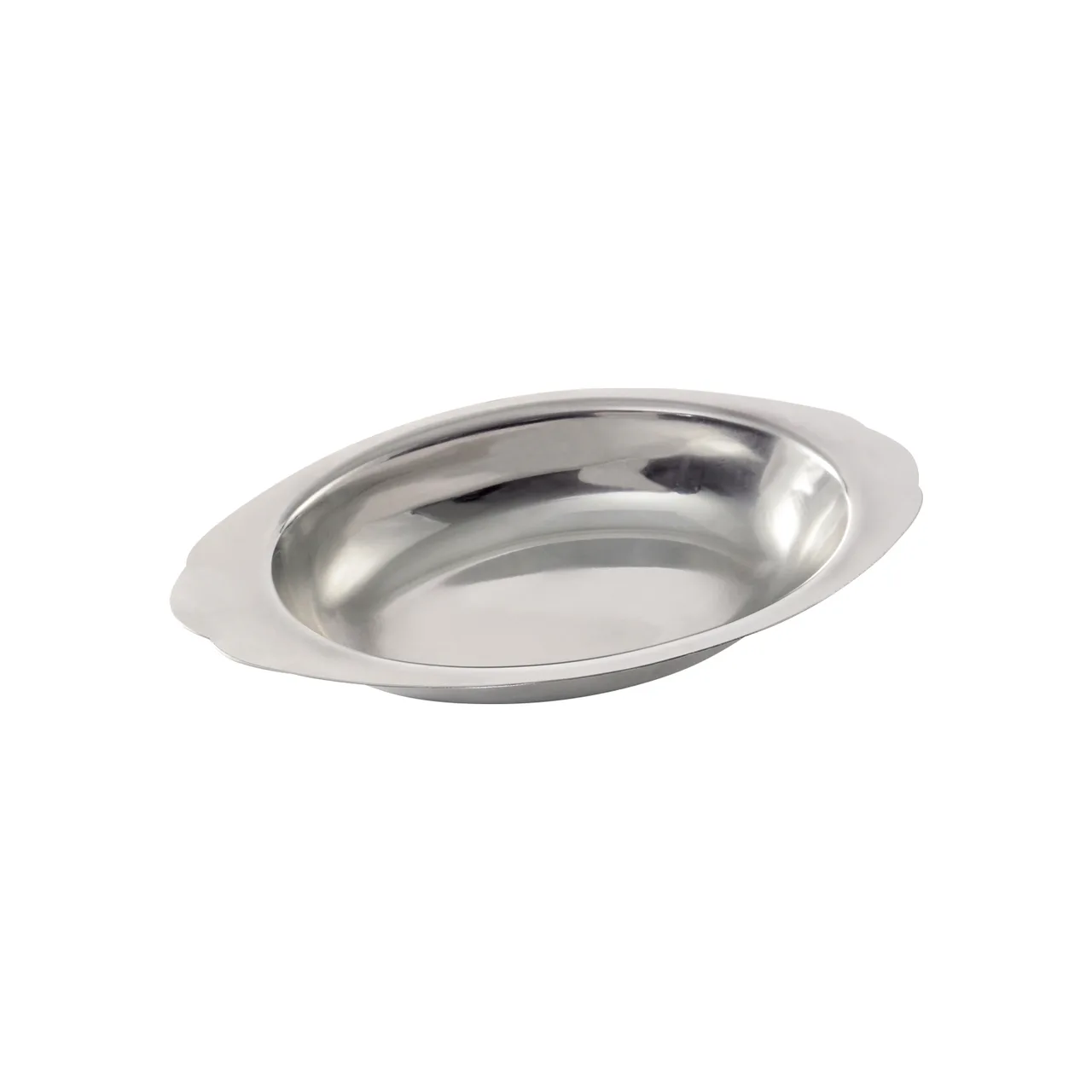 CAC China AUDS-20 Au Gratin Dish, Oval 20 oz Stainless Steel, Scallop Handles, Oven‑Safe - 1/Each