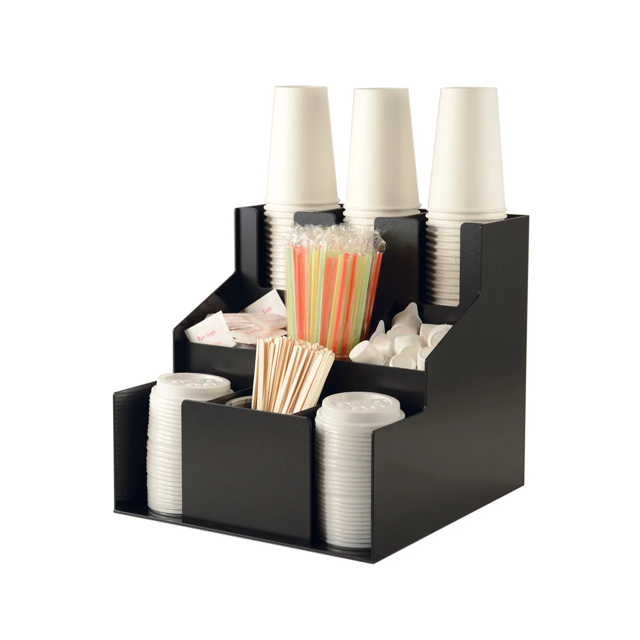 CAC China ACO3-3D Cup And Lid Organizer, 3-Tier Stack, Acrylic, Black, BPA Free