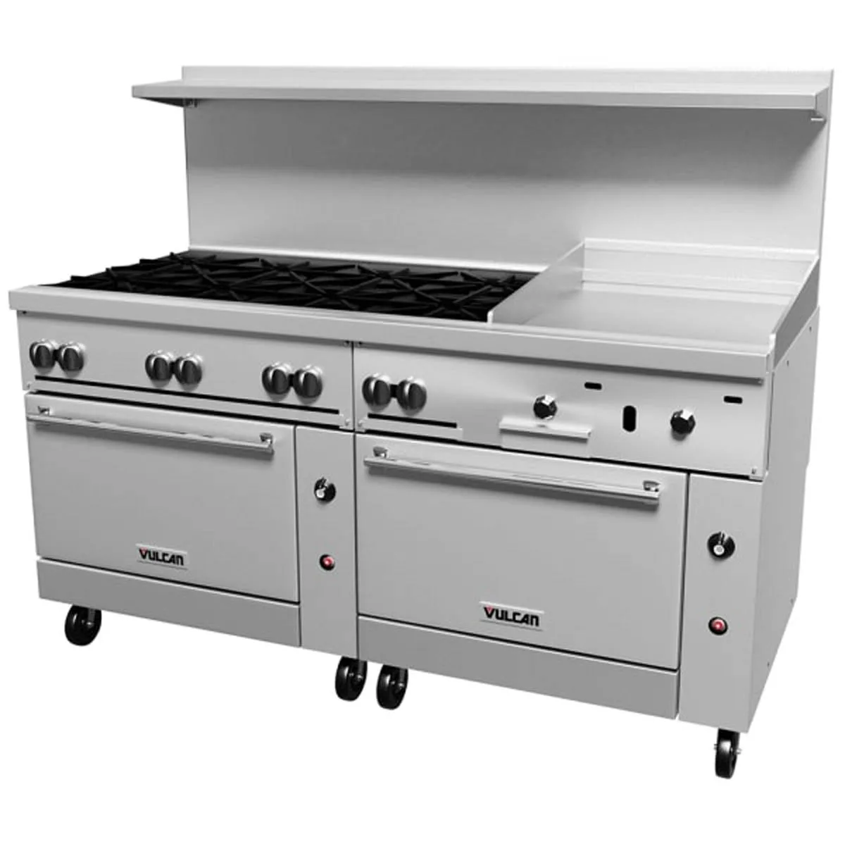 Vulcan 72SS-8B24G 72" Gas Restaurant Range w/ (8) Open Burners, 24" Griddle Right, (2) Standard Ovens, 350.000 BTU 