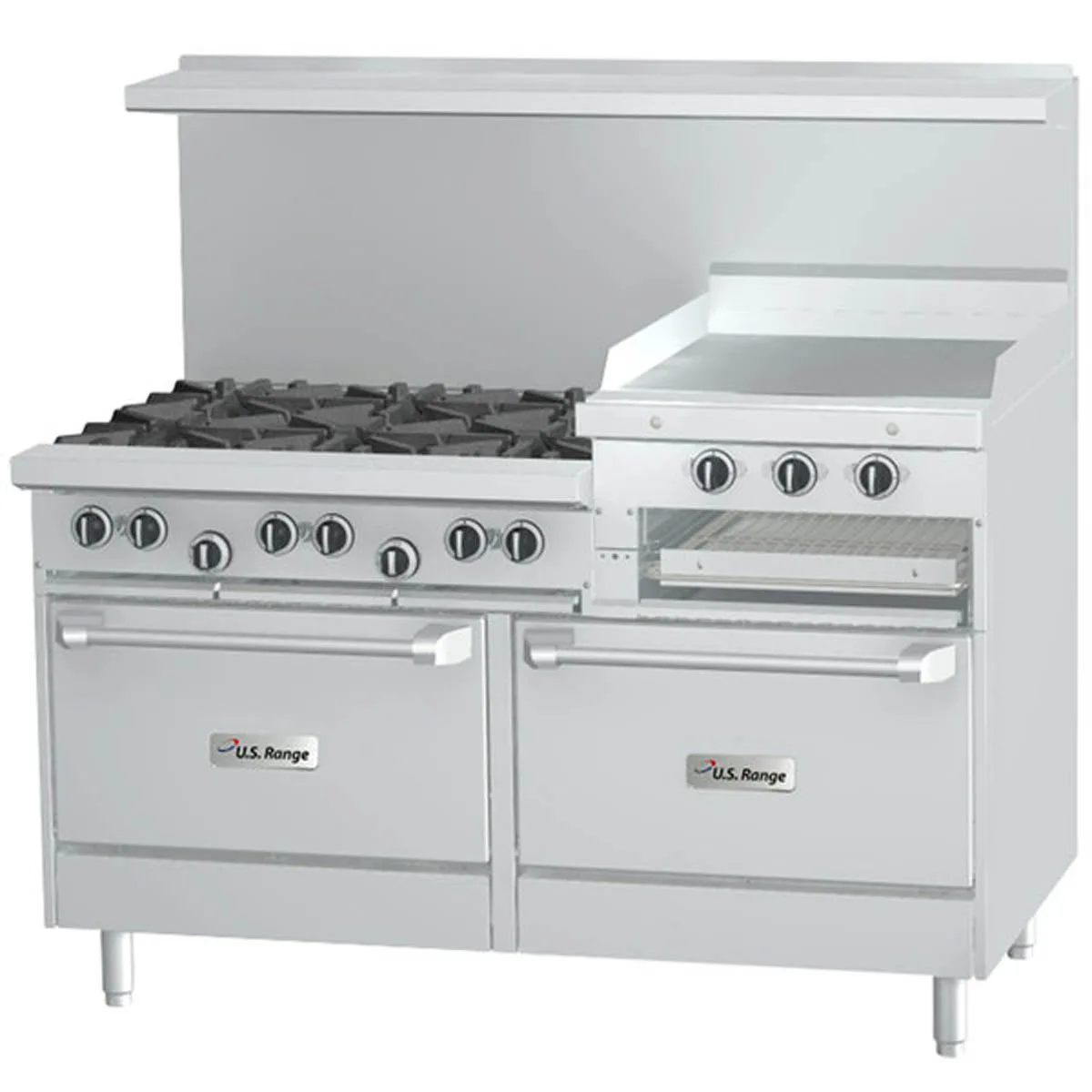 Garland US Range U60-6R24RR 60" Gas Restaurant Range w/ (6) Open Burners, 24" Raised Griddle/Broiler, (2) Standard Ovens, 301.000 BTU