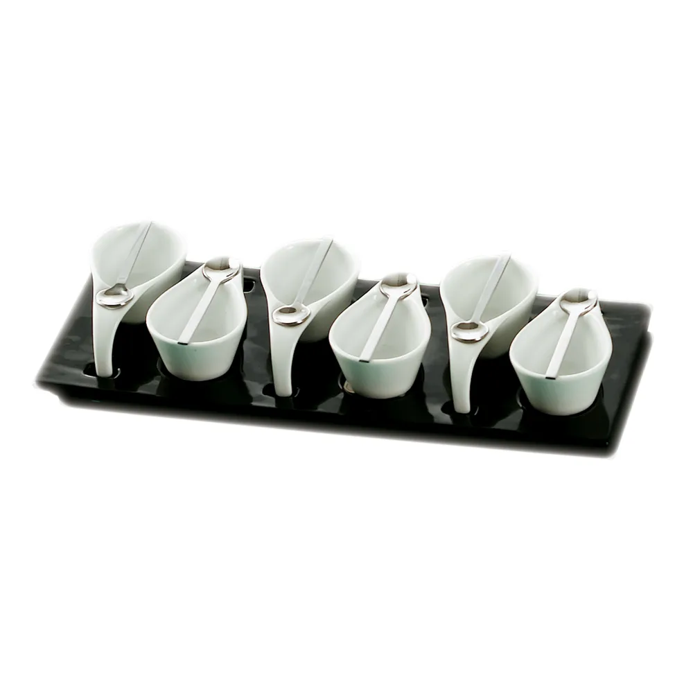 CAC China PTP-6-B Party Set, Six 2‑oz Oval Cups, Six Spoons, 14½"×5¾" Tray, Black/White - Set