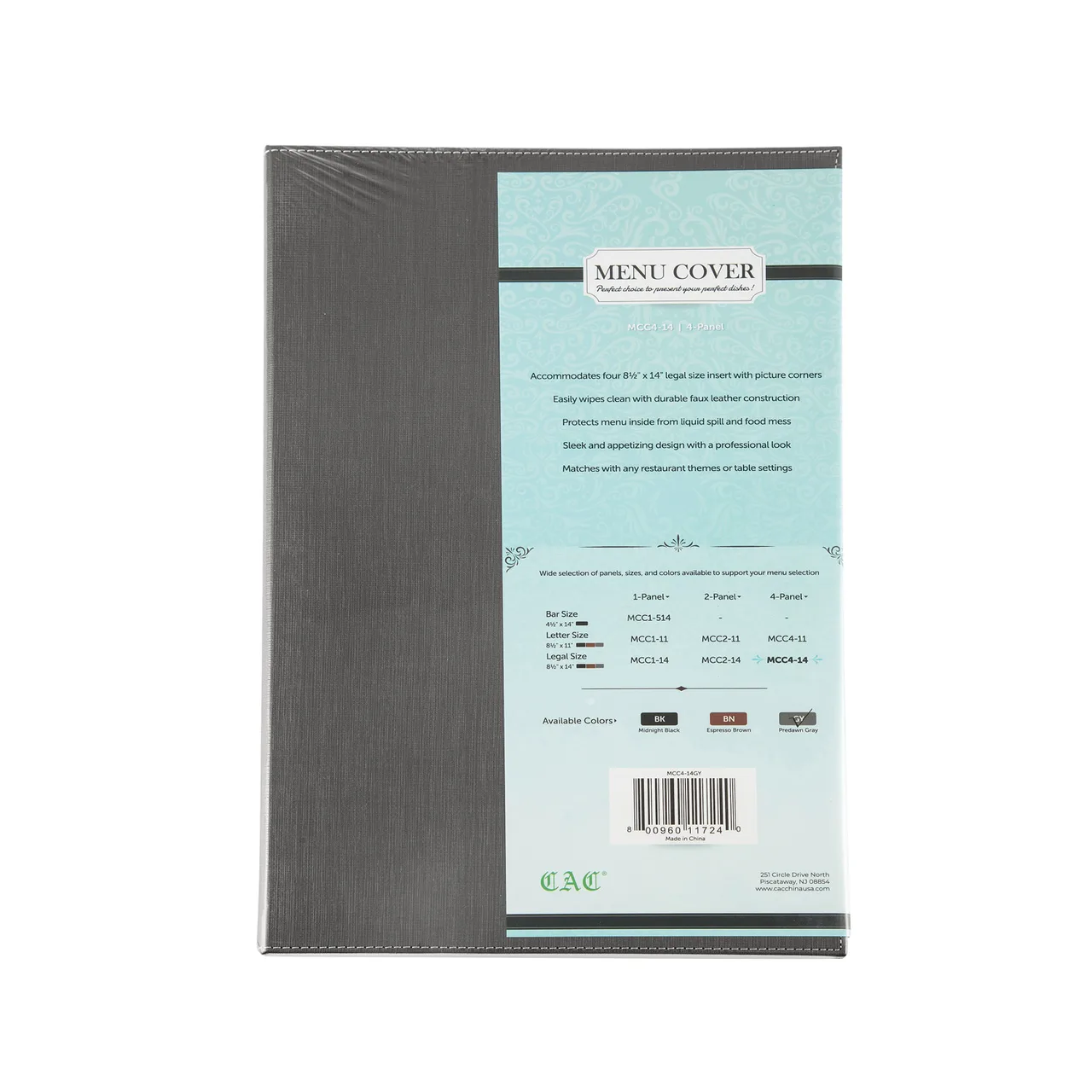 CAC China MCC4-14GY Menu Cover - 4‑Panel Legal Size Booklet, 8½" x 14", Faux Leather Gray
