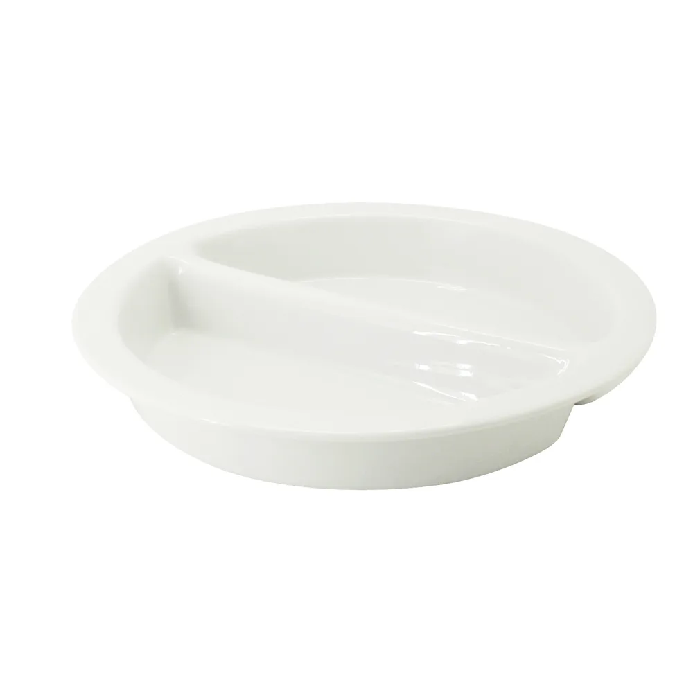 CAC China BF-R17 Food Pan, 15-3/8" Dia x 2-1/2" H, 2‑Compartment Porcelain, Oven Microwave Safe