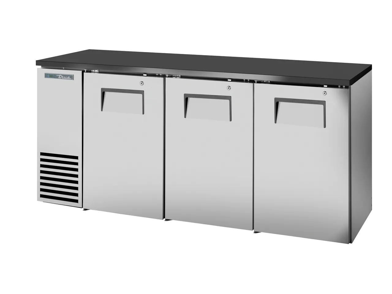 True TBB24-72-3S-Z1-BST-S-1 72" Back Bar Cooler, 125 Cans, Doors, Black SS, R290, 1/4 HP 115V, USA