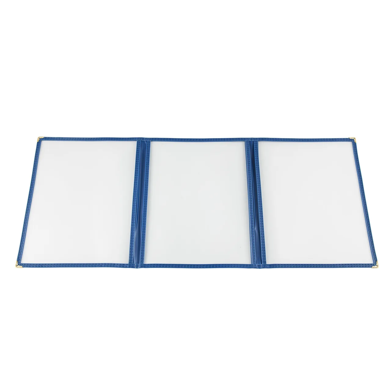 CAC China MCP3-911BL Menu Cover 3‑Pocket Vinyl 8.5" x 11" Clear Double‑Sided View Blue Trim