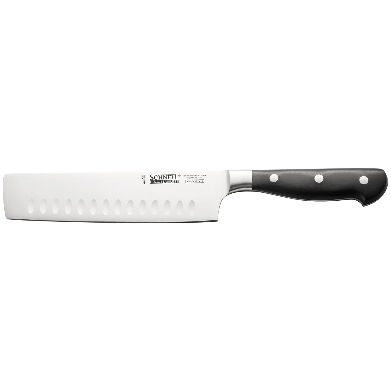 CAC China KFNK-G72 Schnell Nakiri Knife, 7-1/4" German High-Carbon Steel, Black Handle