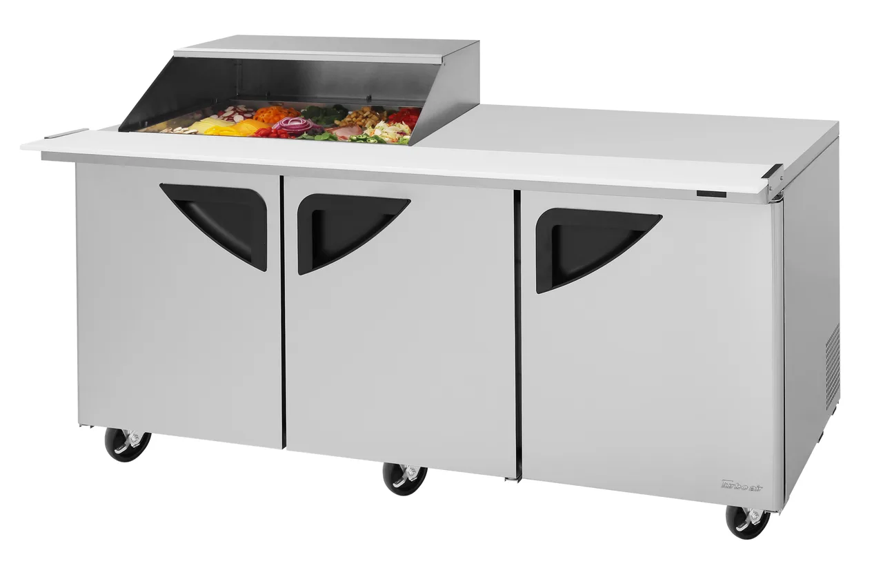 Turbo Air TST-72SD-15M-N-SL(-LW) 72" 3-Door Mega Top Sandwich/Salad Prep Table, 15 Pans, Stainless Steel