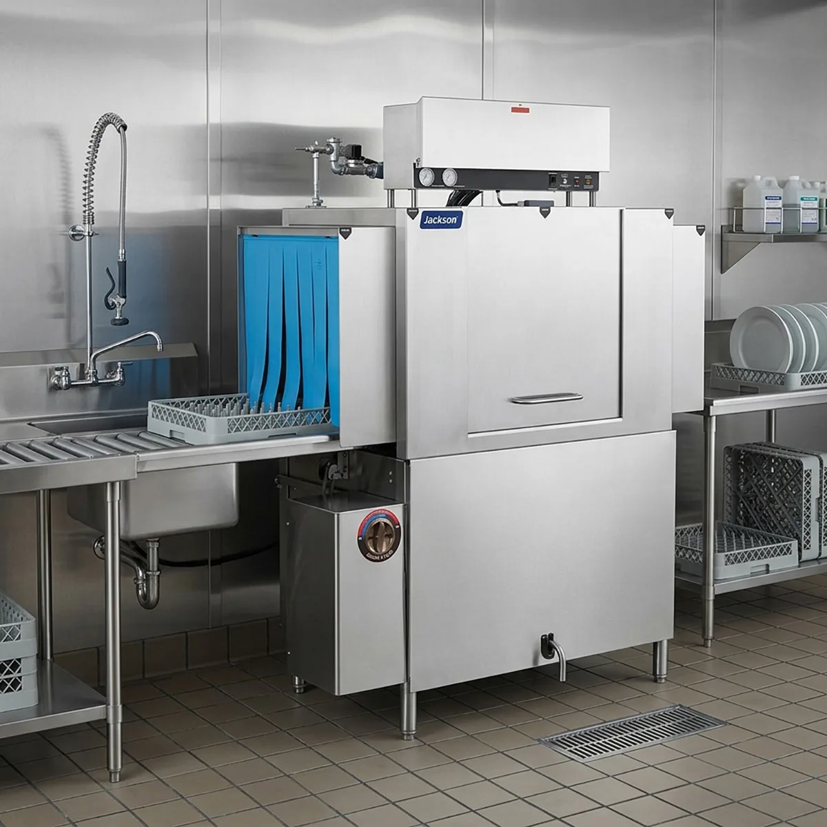 Jackson WWS AJX-44CEL 44" Conveyor Dishwasher, 209 Racks/Hr - 163 Gal/Hr - Low Temp