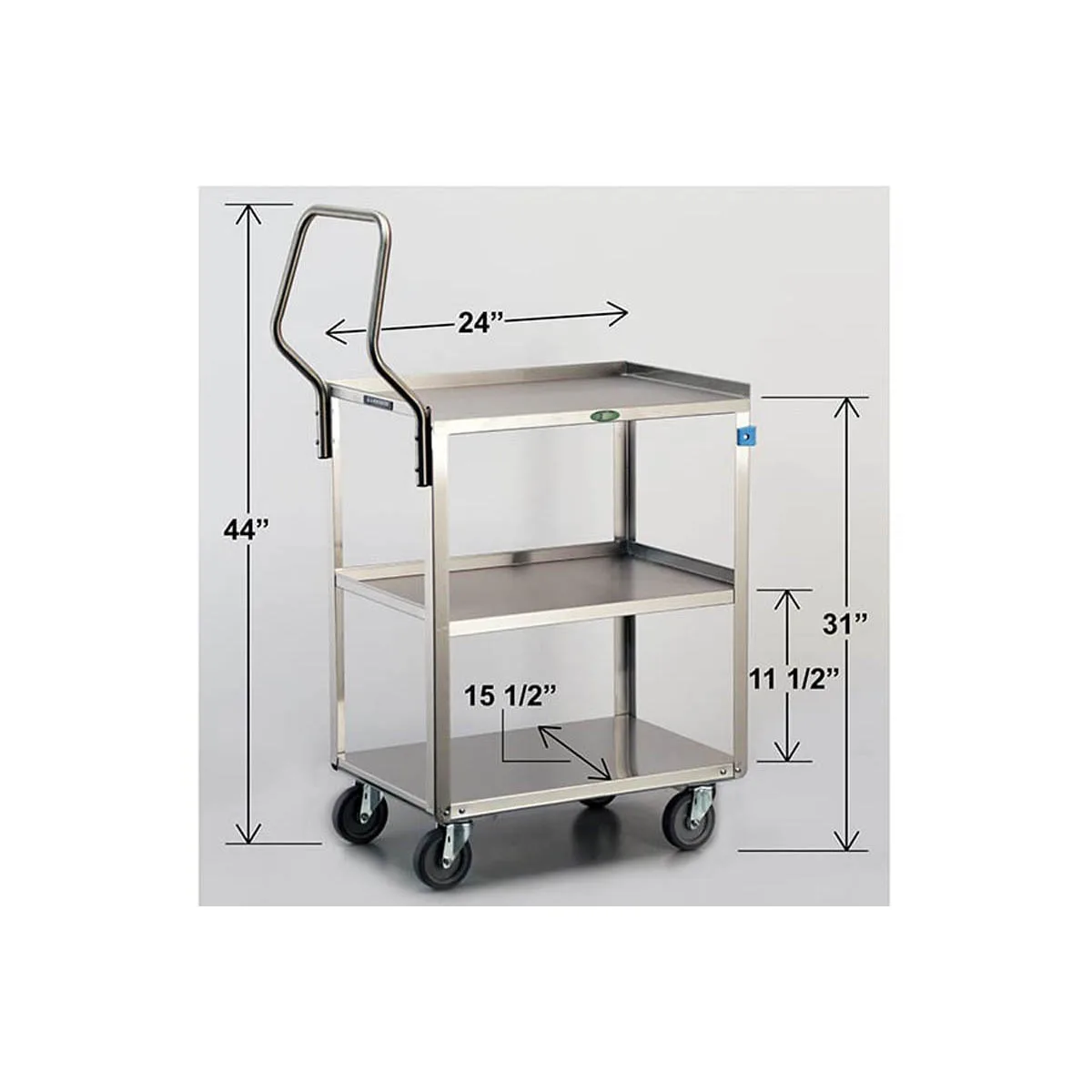 Lakeside 4411 Handler Stainless Steel 3 Shelf Medium Duty Utility Cart w/ 15-1/2" x 24" Shelf Size