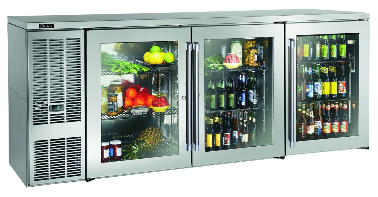 Perlick BBS84 Refrigerated Back Bar Cabinet w/ 24.8 Cu Ft Capacity, 3 Solid Doors, Floor Drain