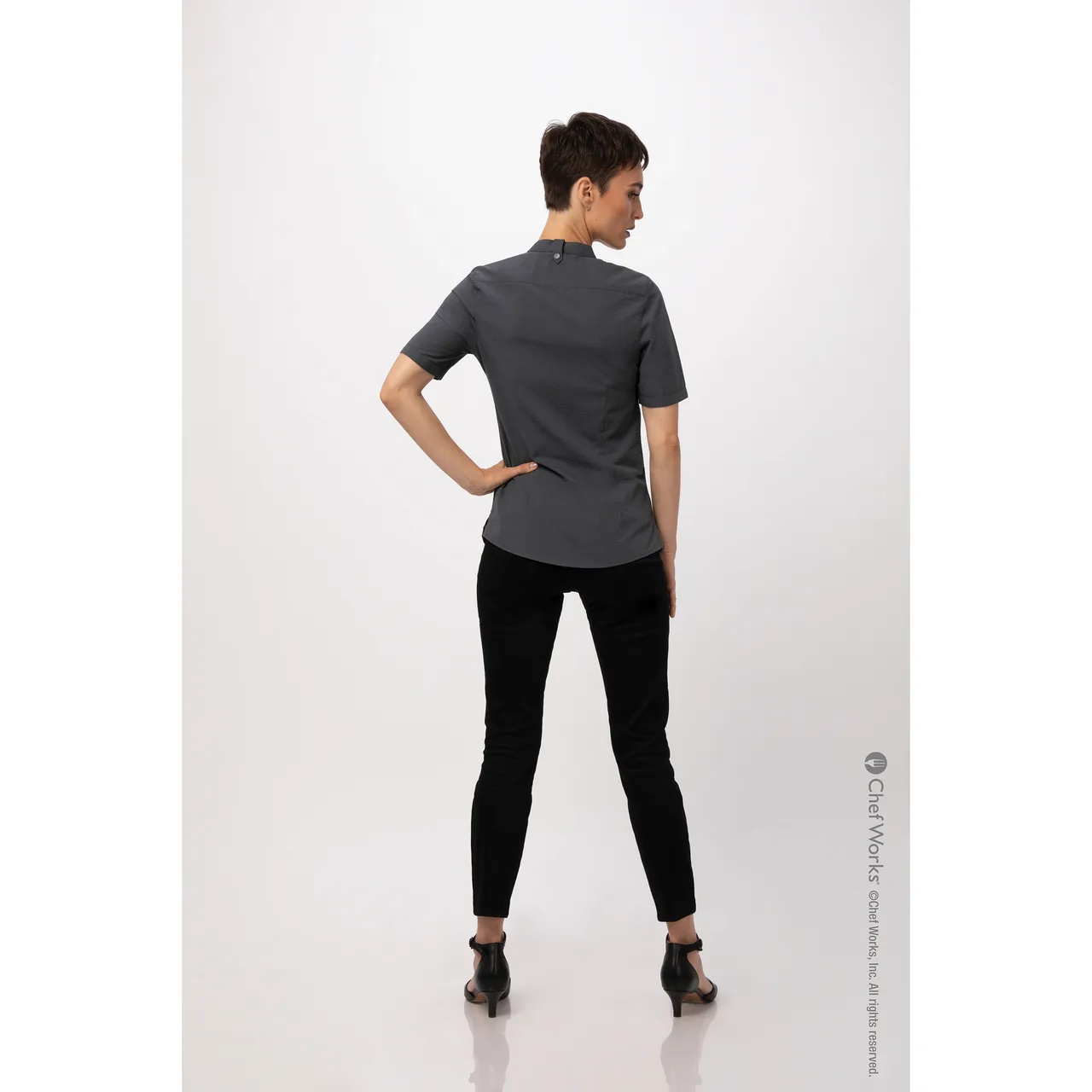 Chef Works SHC08W-CHR-XL Women's Seersucker Cook Shirt, XL, Charcoal, 65/35 Poly/Cotton