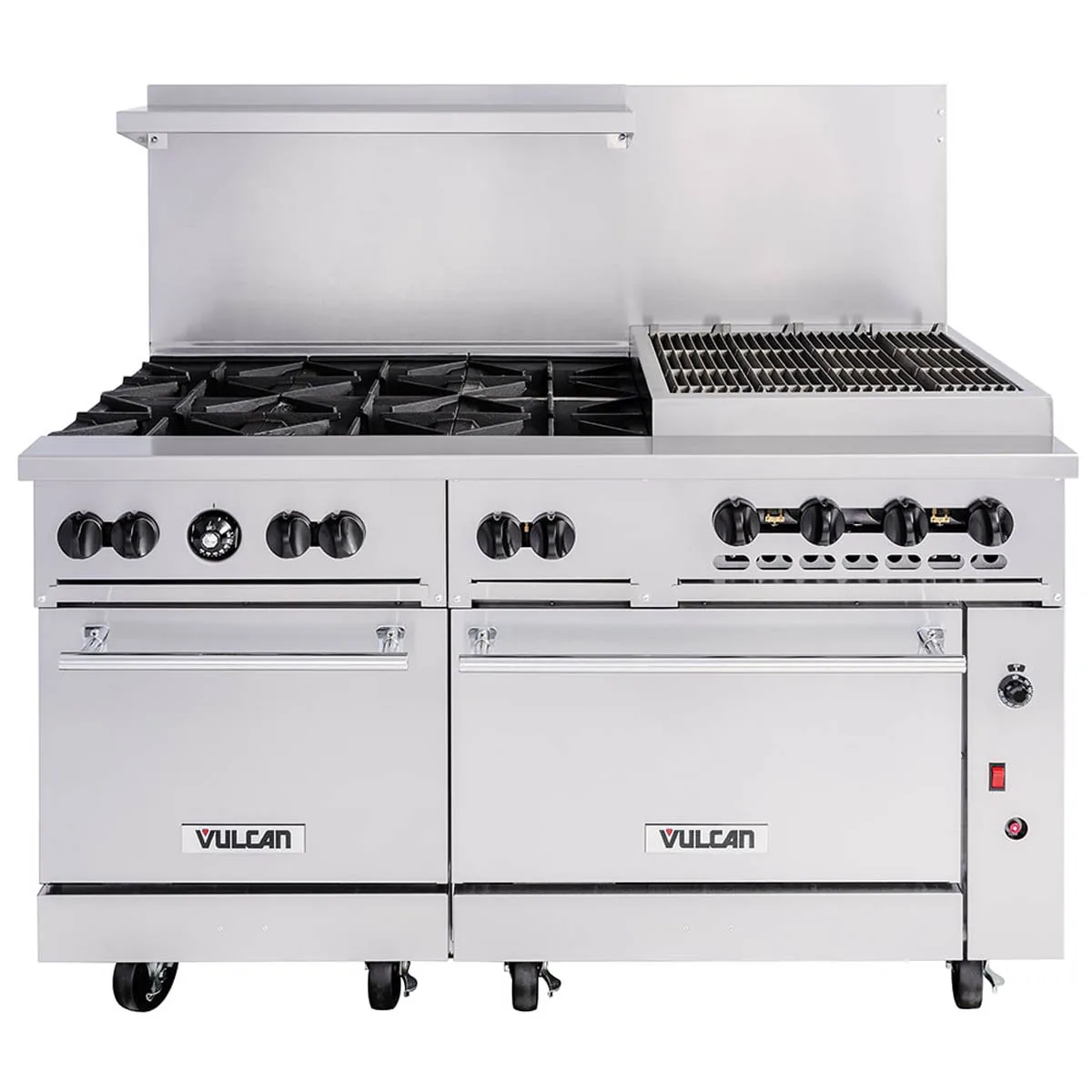 Vulcan 60SS-6B24CBN 60" Natural Gas Restaurant Range w/ (6) Open Burners, 24" Charbroiler Right, (2) Standard Ovens, 302.000 BTU