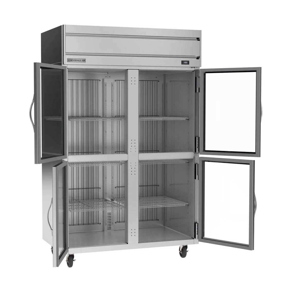 Beverage Air HFPS2HC-1HG 52" 4-Half Glass Door 2-Section Reach-In Freezer, Top Mounted, 46.29 cu. ft., Stainless Steel