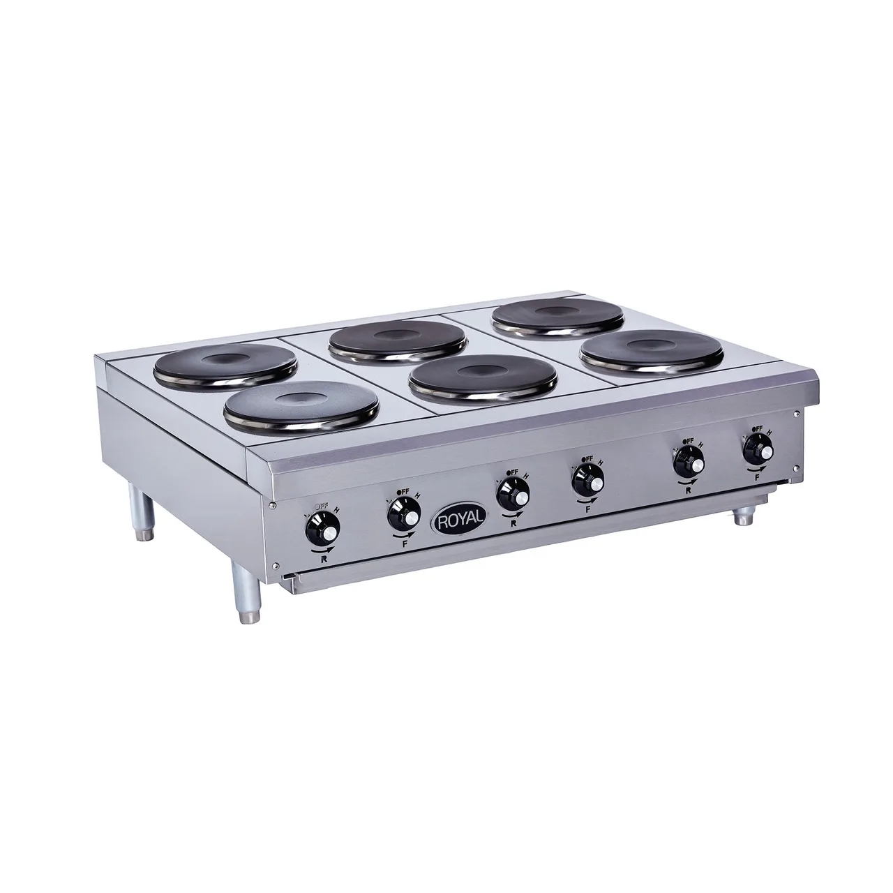 Royal Range of California RHPE-36-6 36" Electric Countertop Hotplate w/ (6) Solid Burners, Manual Controls, 12.0 kW
