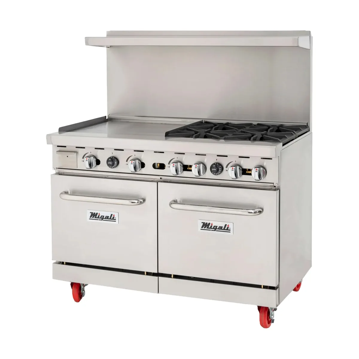 Migali C-RO4B-24GL-NG 44 Burner 48" Gas Range, 24" Griddle, 2 Space Saver Ovens, 196.000 BTU