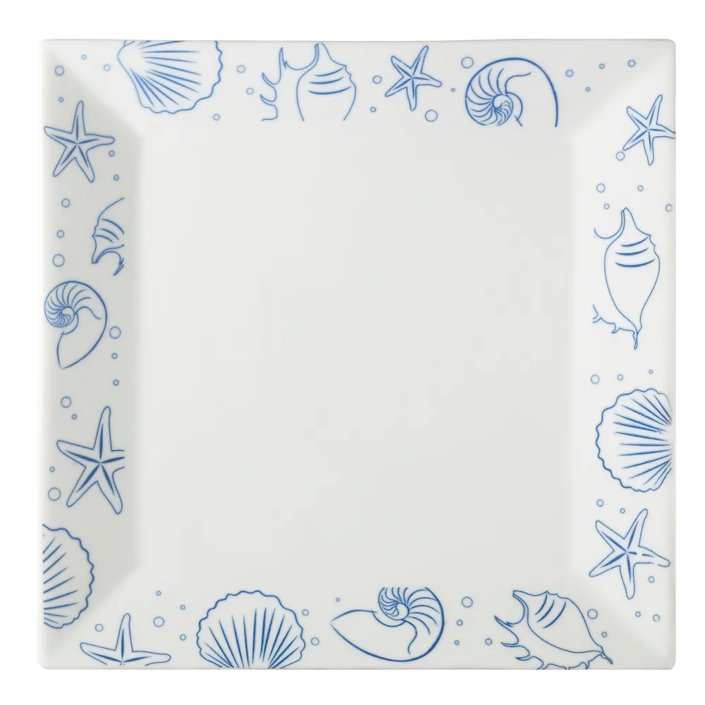 CAC China ATC-SQ21 Seashell Plate, 12" x 12" x 1" Square Porcelain, Blue Rim / White - Dozen